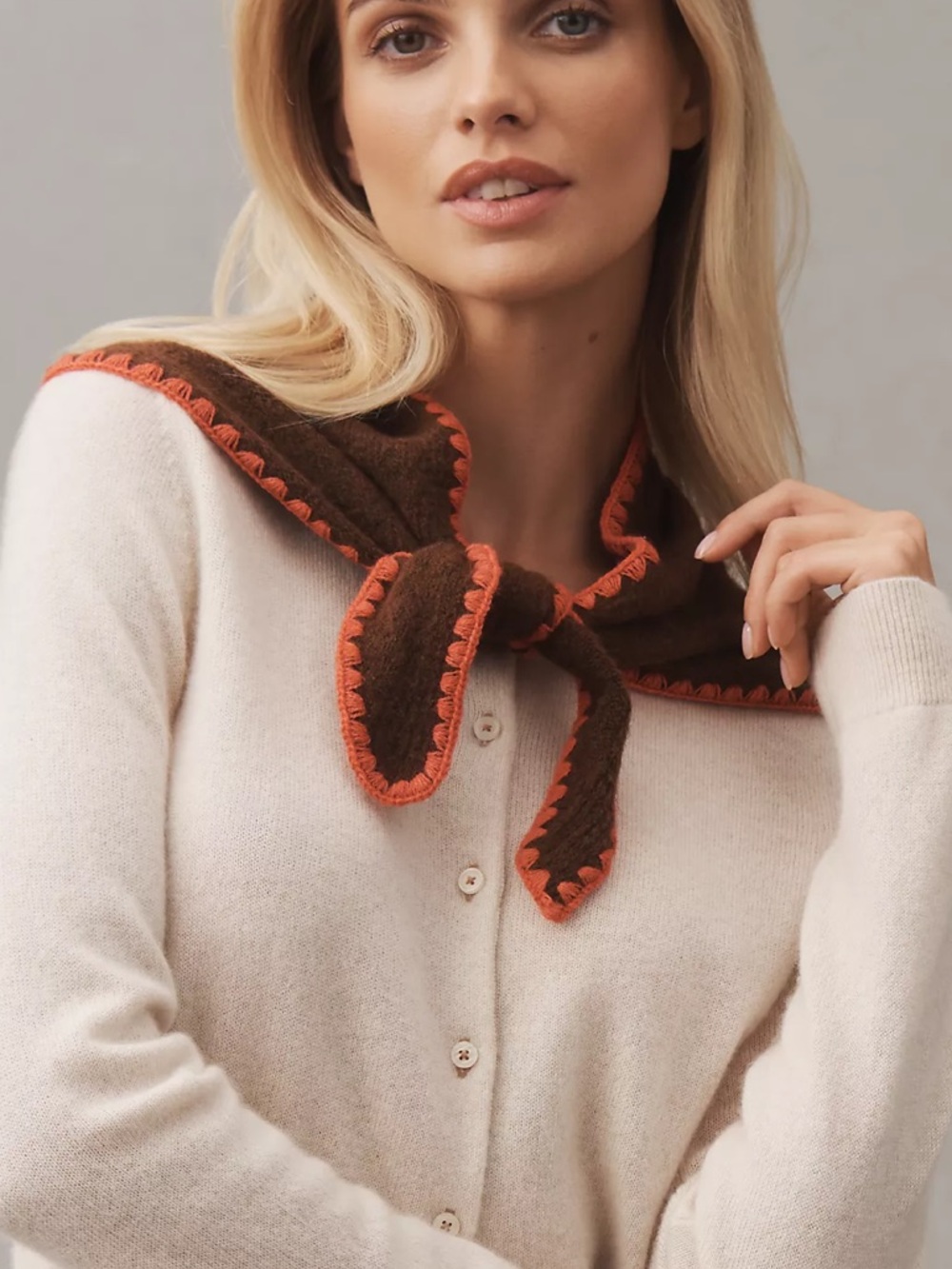 Anthropologie Icon Brown Triangle Scarf with Coral Trim and Embroidered Cherries - Picture 2 of 4